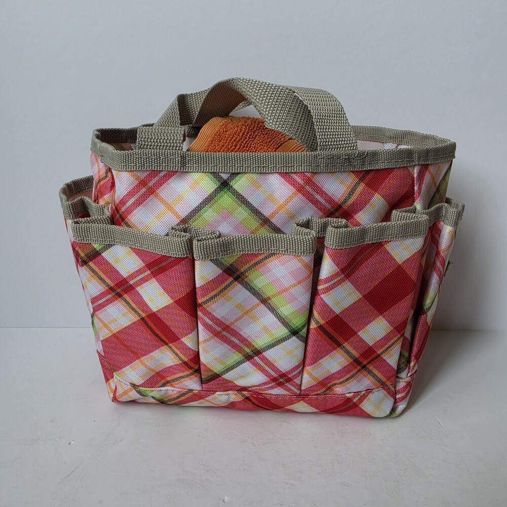 Thirty One Tote Small Pink Plaid Organizer Bag 10"x7"x4" Outer Pockets